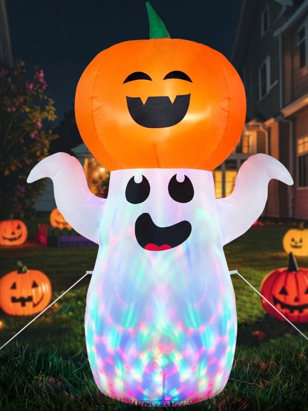 5Ft Halloween Inflatables Pumpkin Ghost Decorations with 360° Rotating Colorful